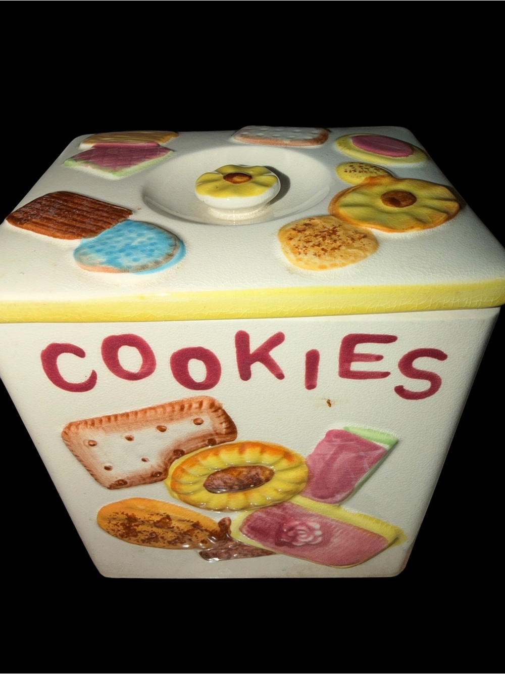 Vintage Retro Japan Cookies Ceramic Cookie Jar - White and Yellow